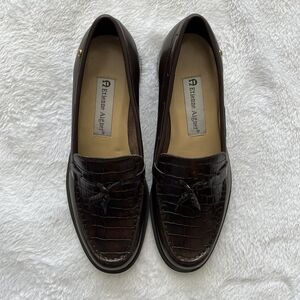 Etienne Aigner Womens Loafer 7N Brown Gotham Leather Slip On Tassel Croc